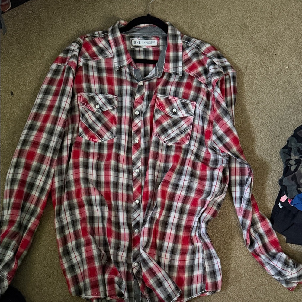 BKE Red and Gray Plaid Button-Down Shirt
